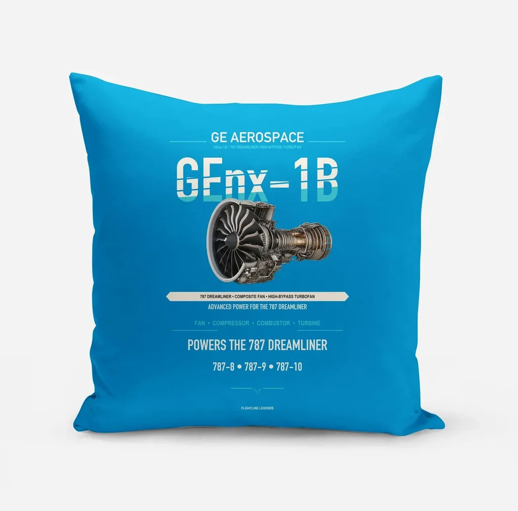 GEnx-1B design on turquoise pillow