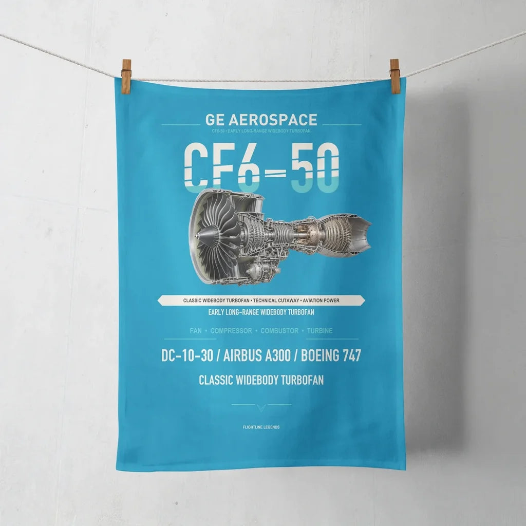 CF6-50 design on turquoise towel