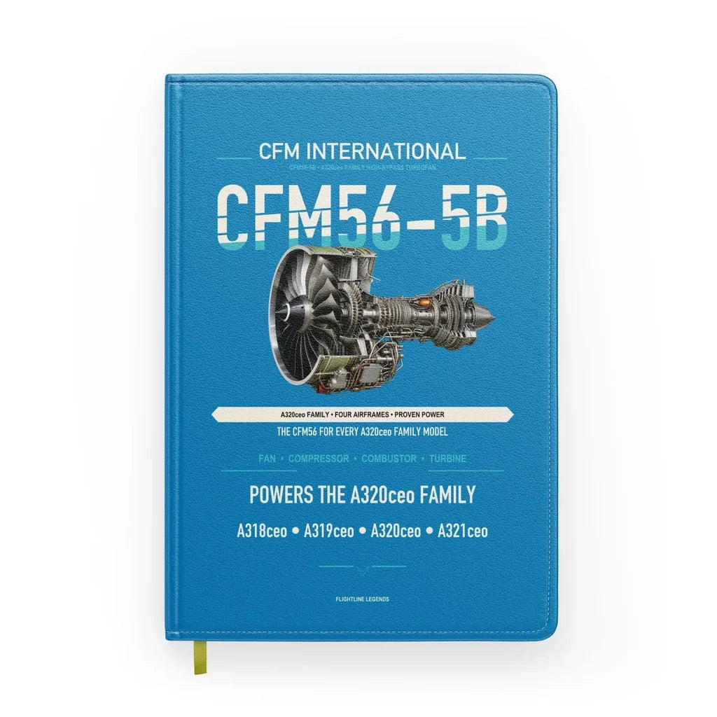 CFM56-5B design on turquoise notebook