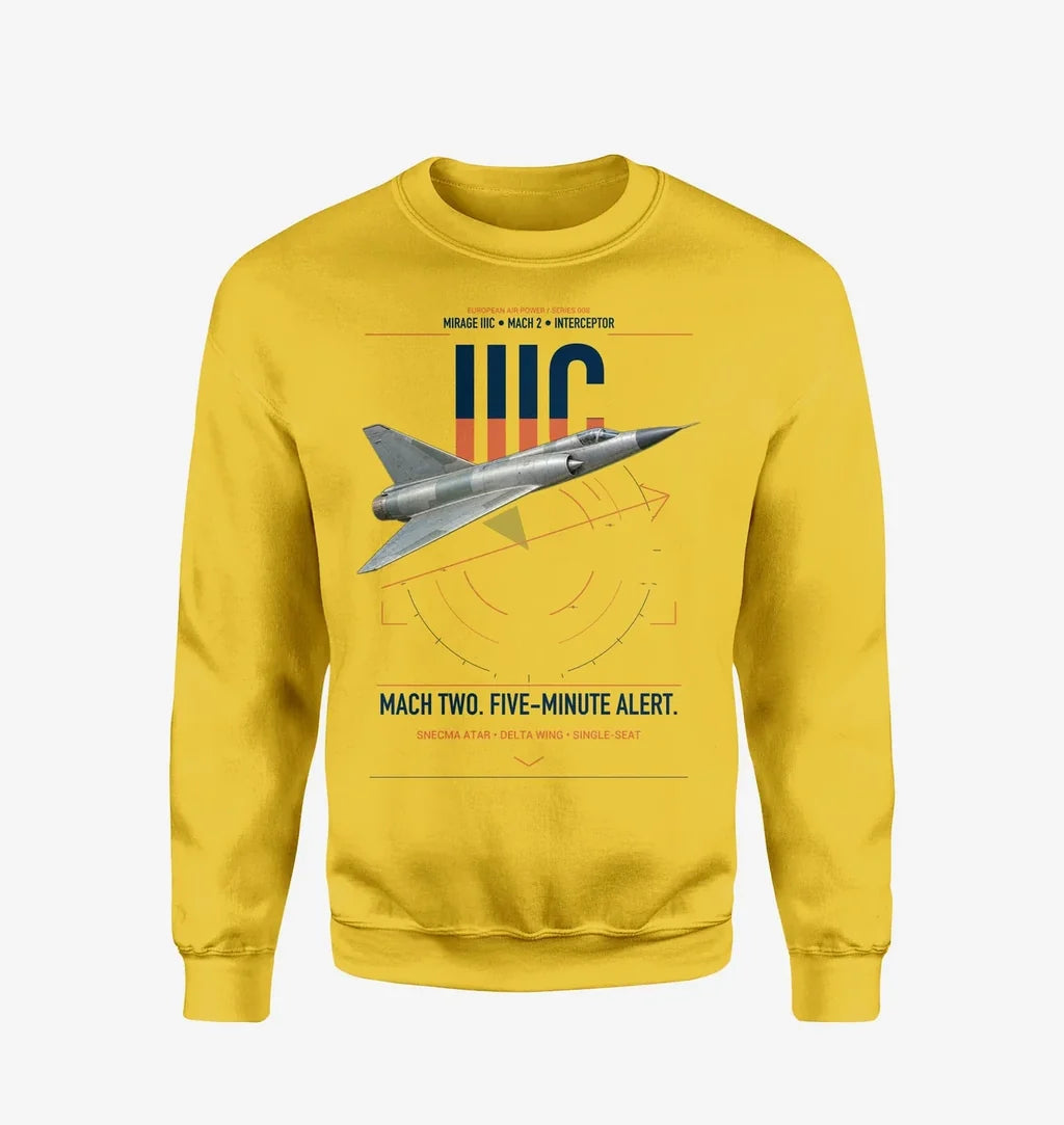 Dassault Mirage IIIC design on yellow sweatshirt