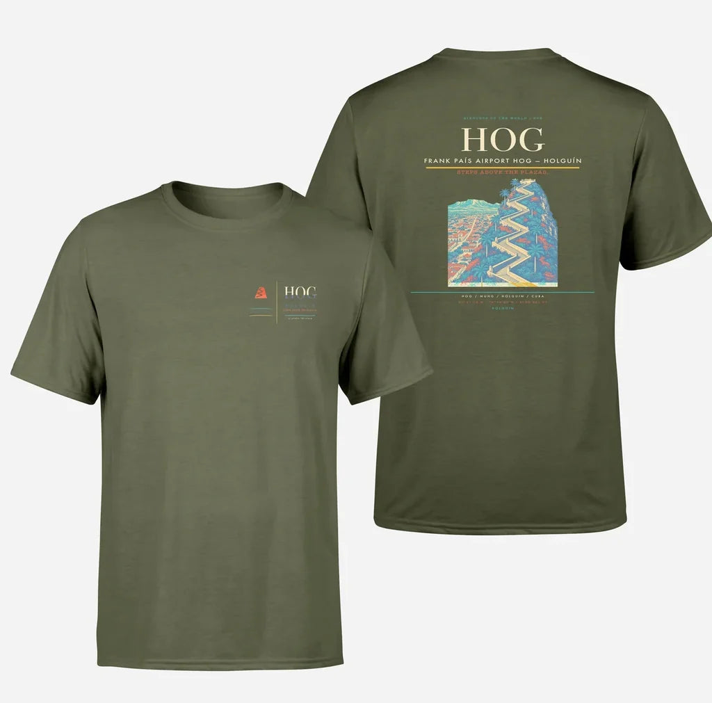 Frank País Airport (HOG) design printed on green army double-side t-shirt