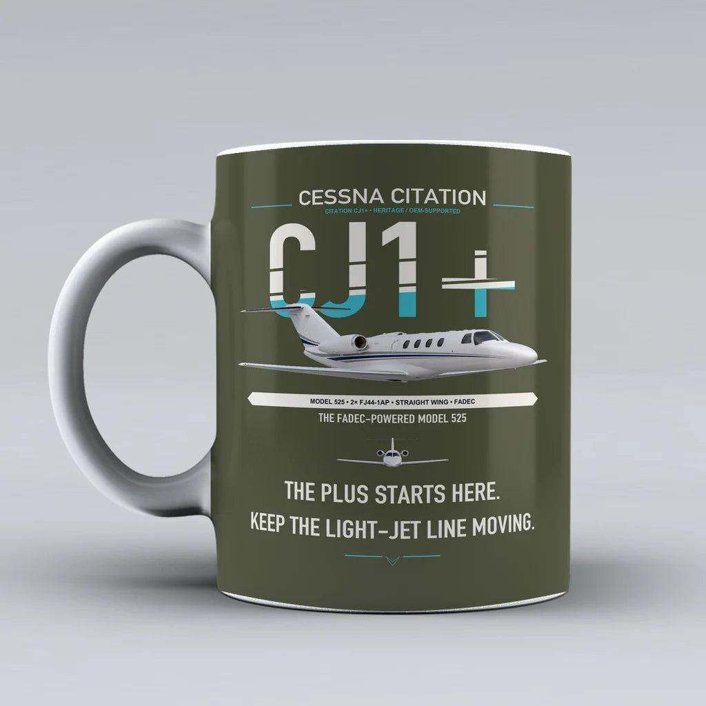 Cessna Citation CJ1+ design on green army ceramic mug, double-side print