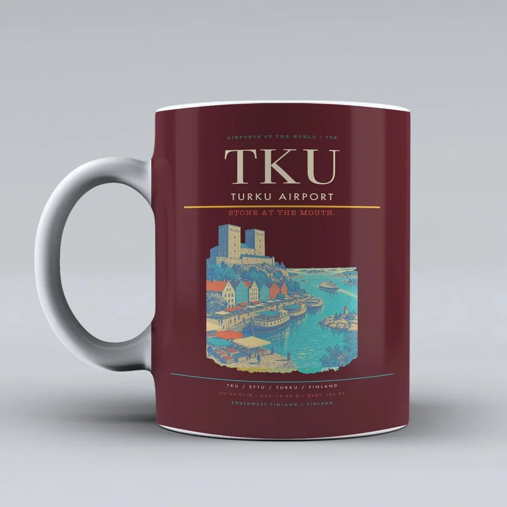 Turku Airport (TKU) airport code design on dark red ceramic mug