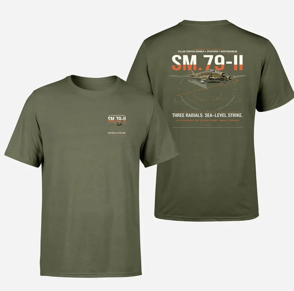 Savoia-Marchetti SM.79-II Sparviero design on green army t-shirt, double-side print