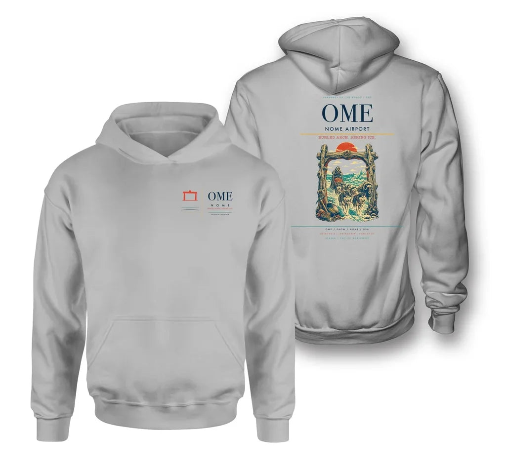 Nome Airport (OME) design on light gray double-side hoodie
