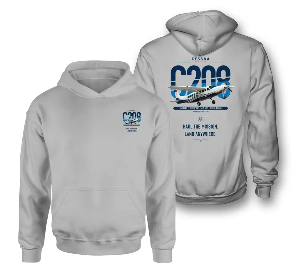 Cessna 208 Caravan design on light gray double-side hoodie, double-side print