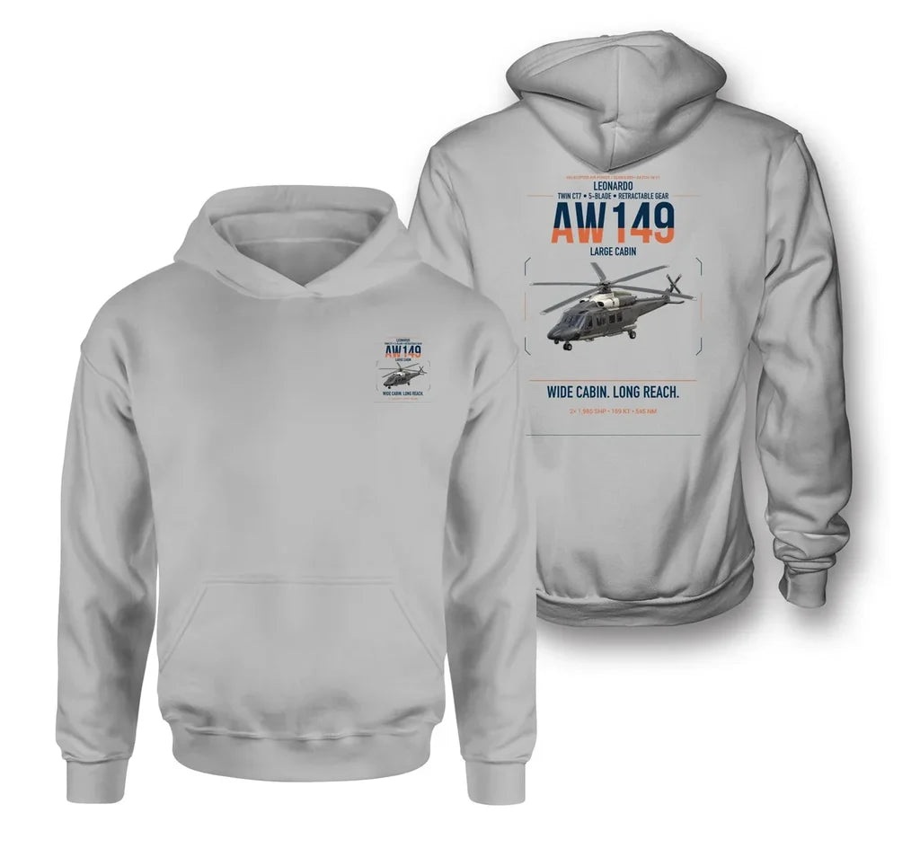 Leonardo AW149 design on light gray double-side hoodie, double-side print