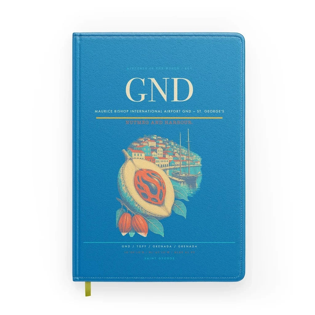 Maurice Bishop International Airport (GND) design on turquoise notebook
