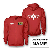 Thumbnail for The Fighter Jet 16 Silhouette Zipped Hoodie - Red + Name (Customizable)