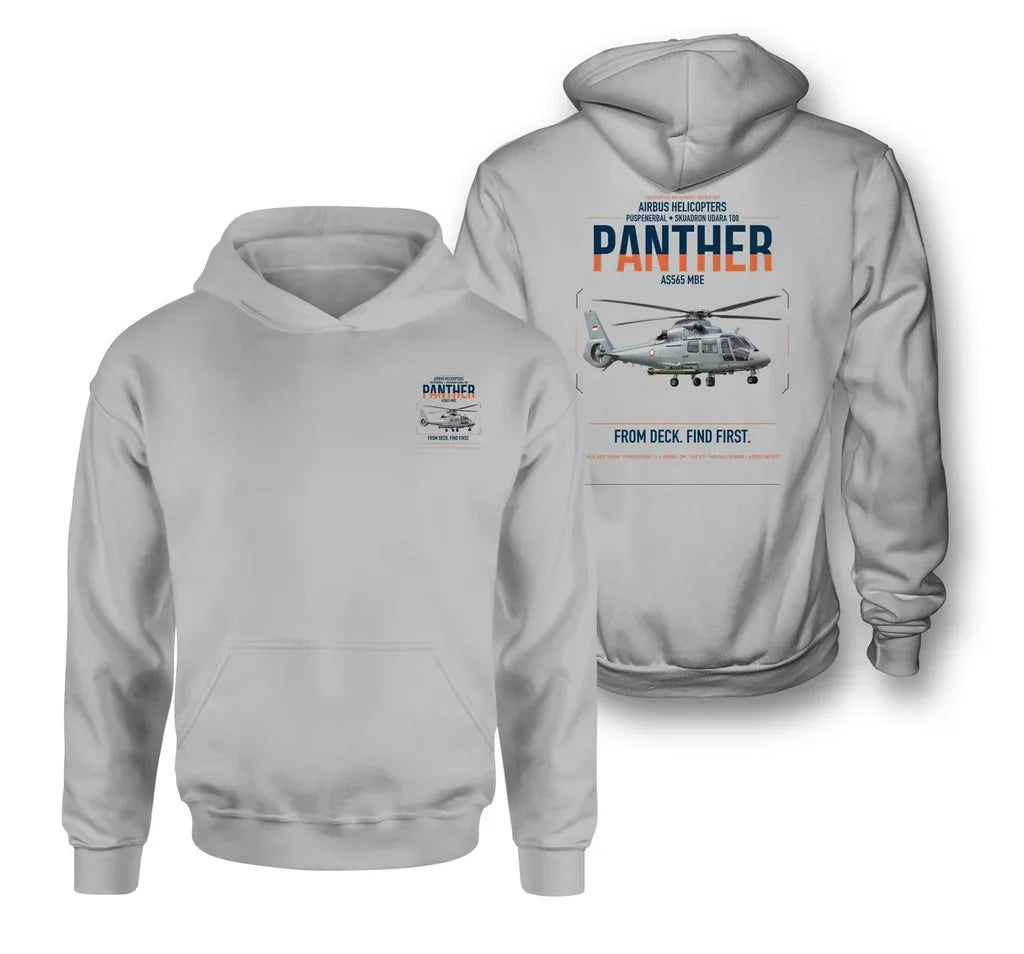 Airbus Helicopters AS565 MBe Panther design on light gray double-side hoodie, double-side print