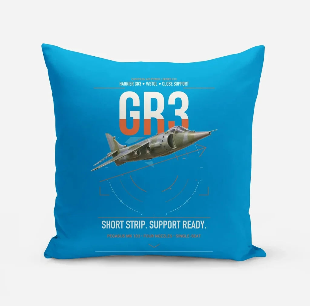 Hawker Siddeley Harrier GR3 design on turquoise pillow