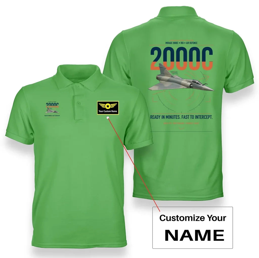 Dassault Mirage 2000C RDI design on light green+name double-side polo t-shirt, double-side print
