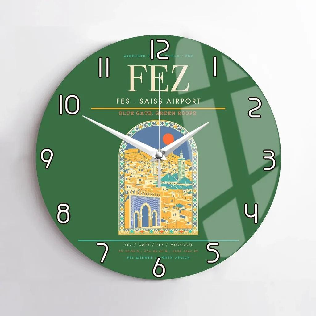 Fes (FEZ) design on green no frame wall clock