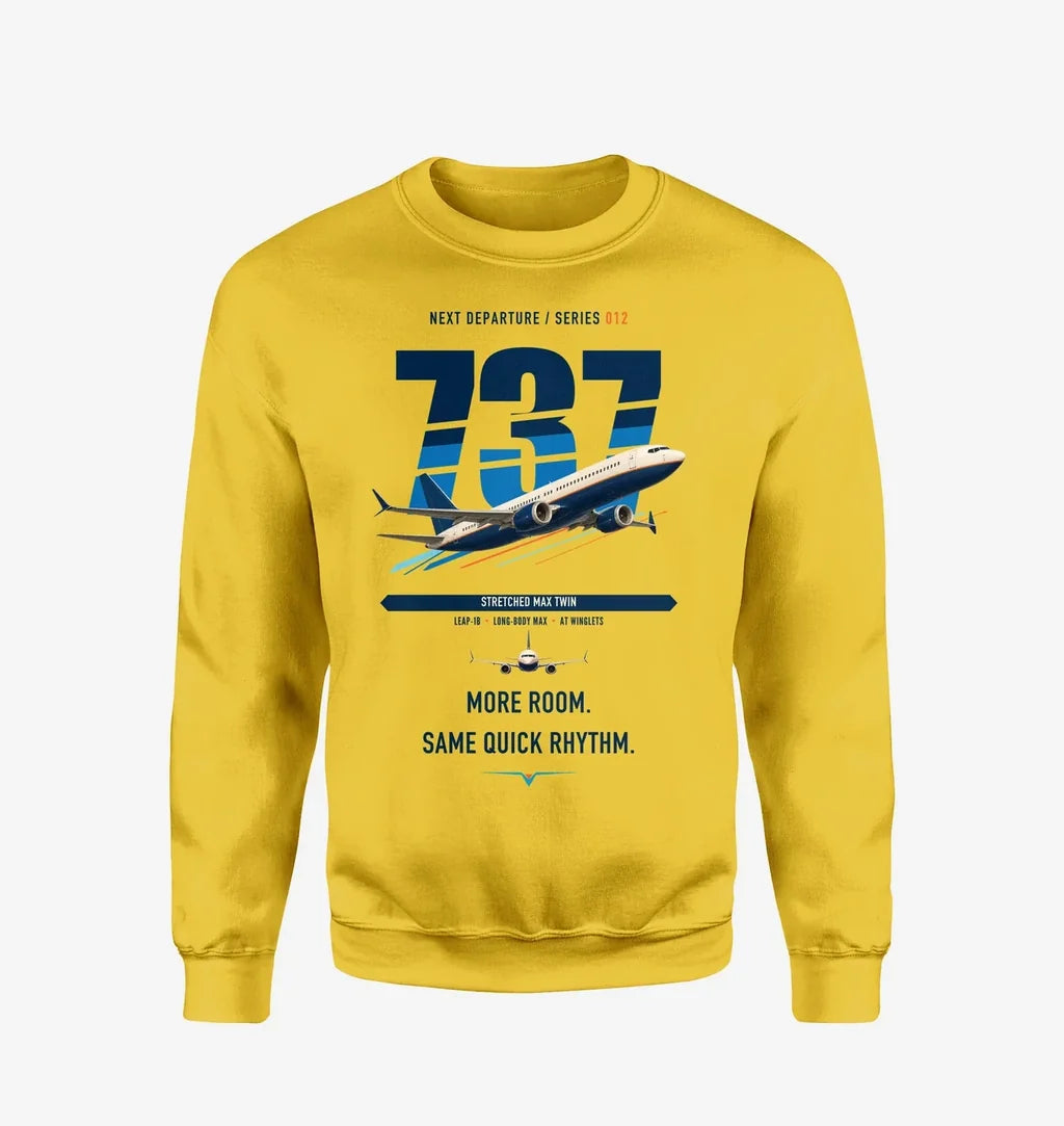 Boeing 737 MAX 9 design on yellow sweatshirt