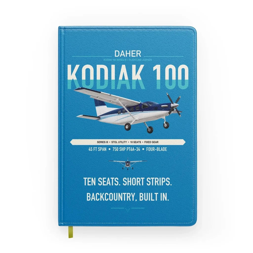 Daher Kodiak 100 Series III design on turquoise notebook