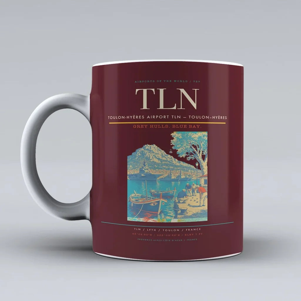 Toulon-Hyères Airport (TLN) airport code design on dark red ceramic mug