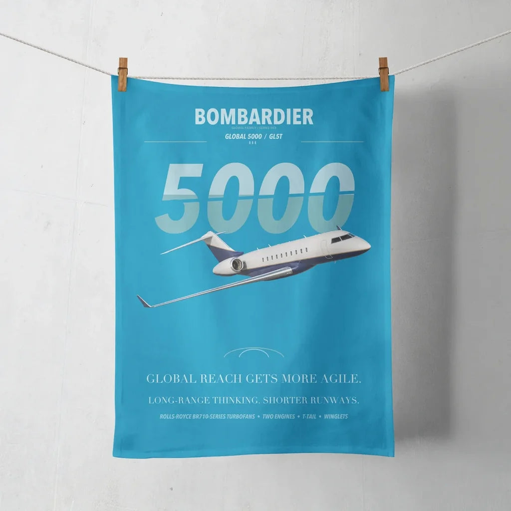 Bombardier Global 5000 design on turquoise towel