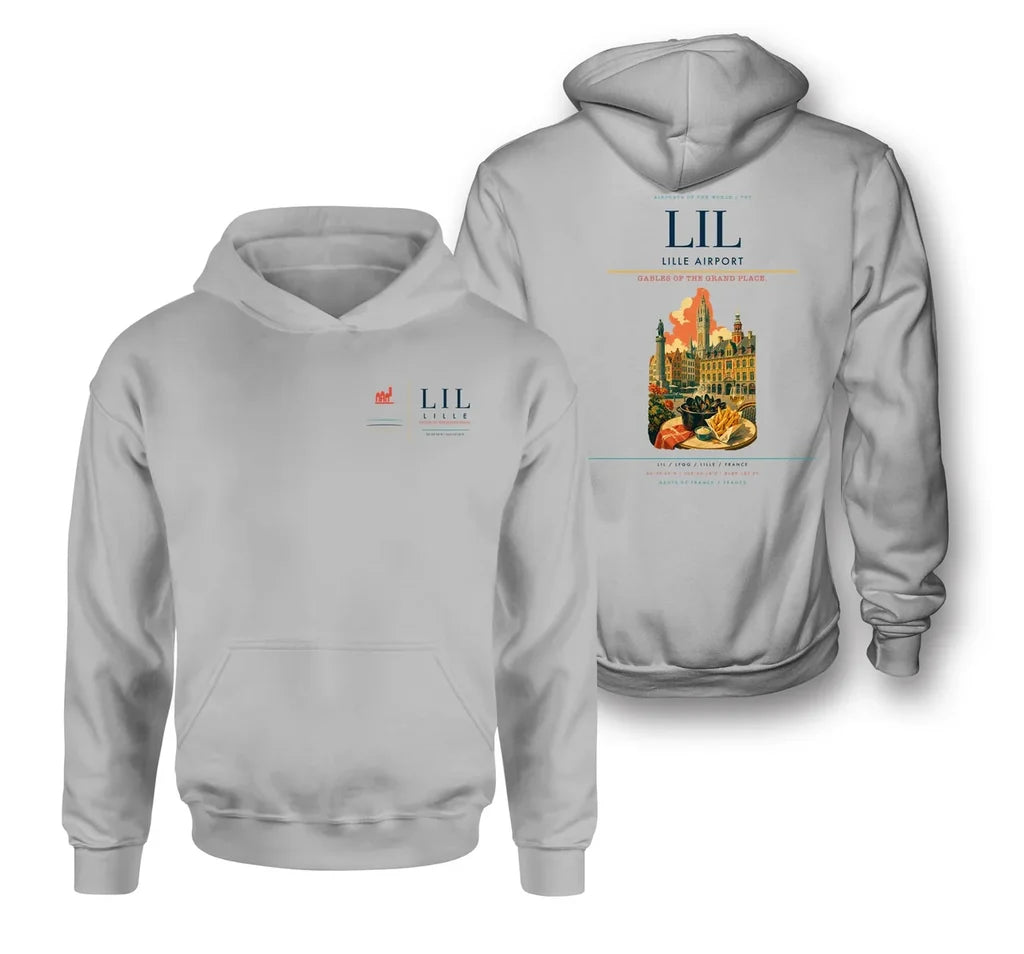 Lille Airport (LIL) design on light gray double-side hoodie