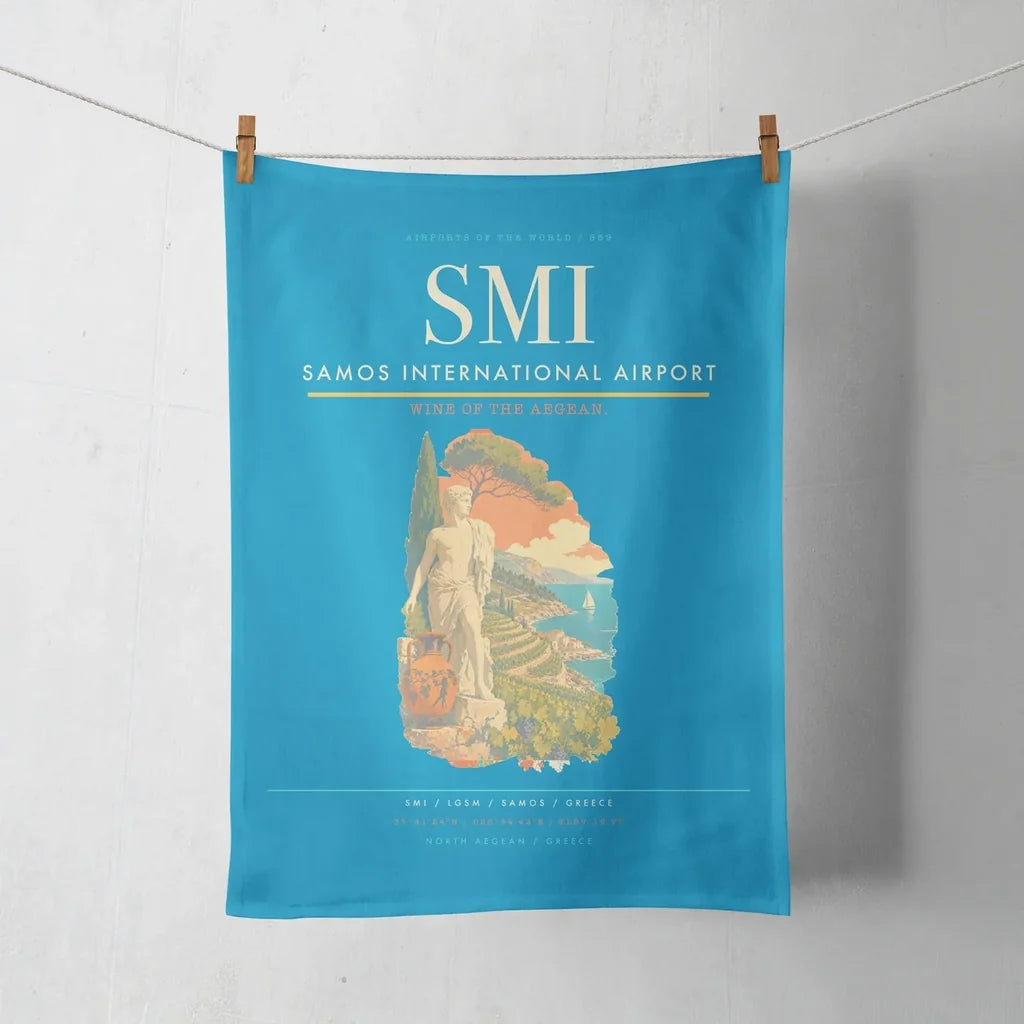Samos International Airport (SMI) design on turquoise towel