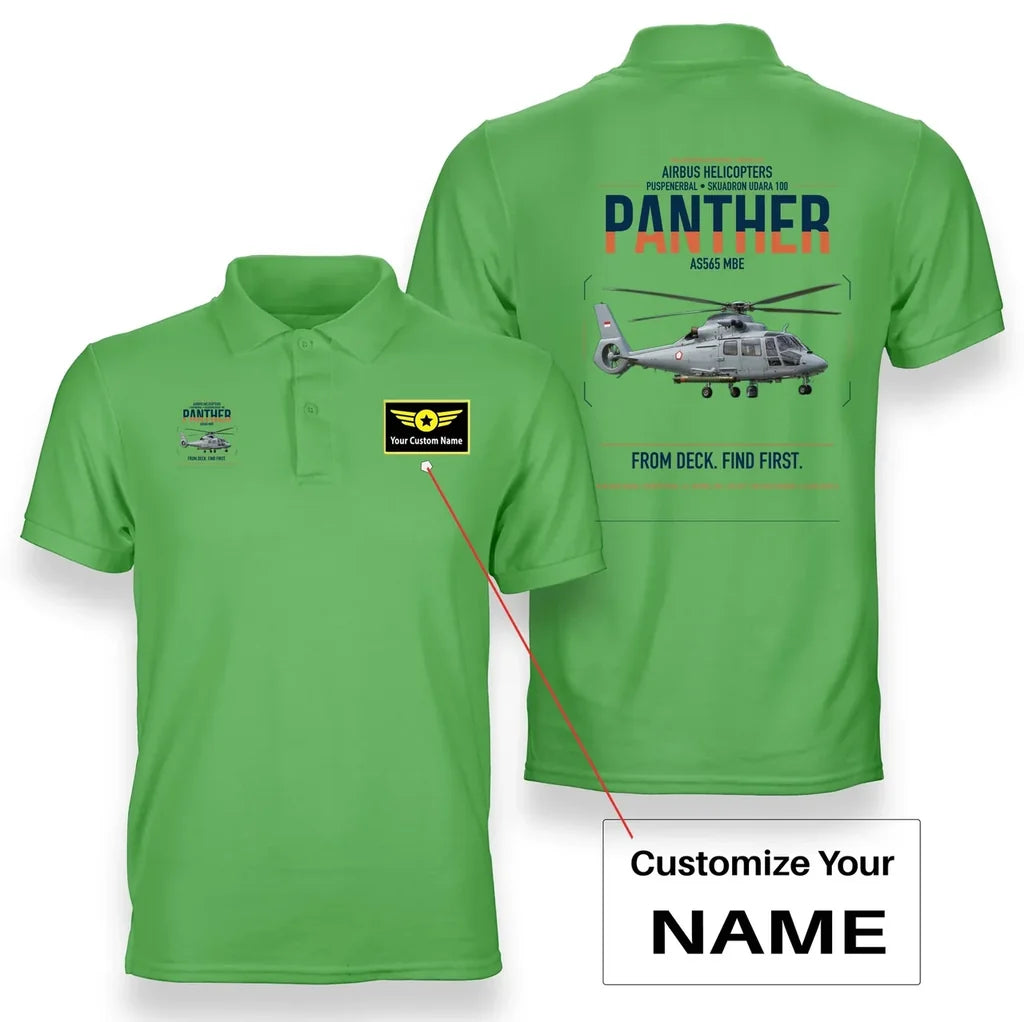 Airbus Helicopters AS565 MBe Panther design on light green+name double-side polo t-shirt, double-side print