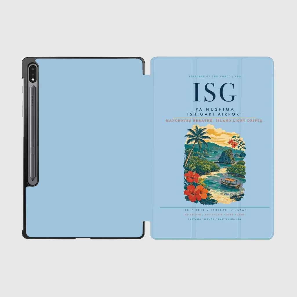 Painushima Ishigaki Airport (ISG) design on light blue samsung tablet tablet case