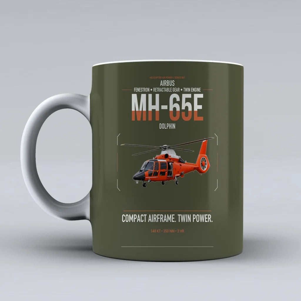 Airbus MH-65E Dolphin design on green army ceramic mug, double-side print
