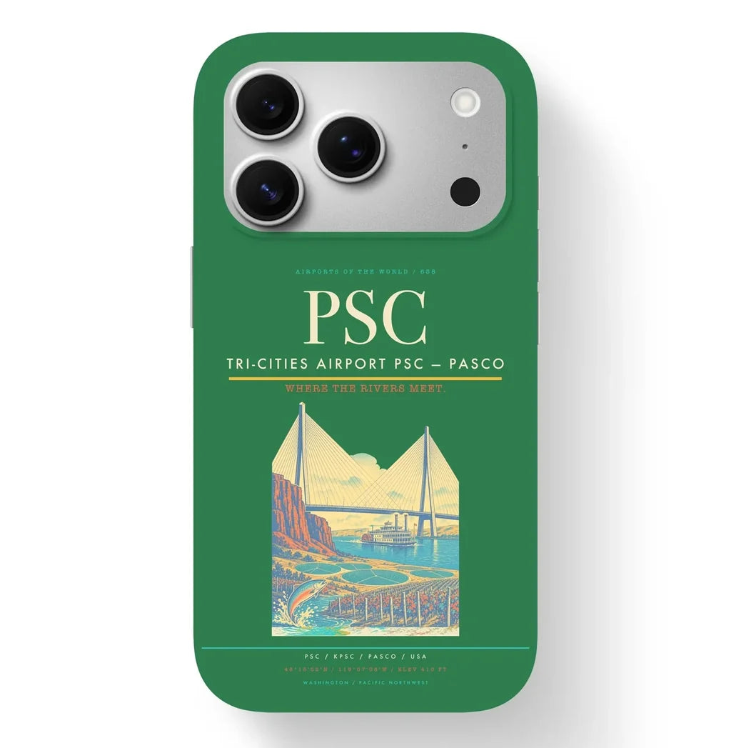 Pasco Airport (PSC) design on green iPhone 17 Pro MagSafe case