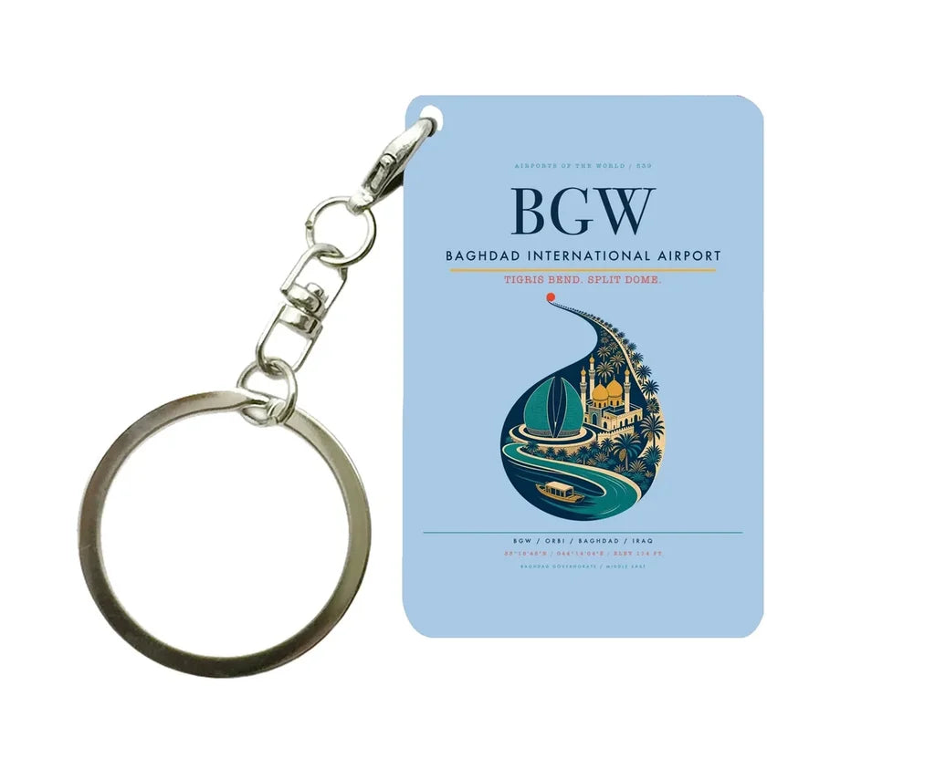Baghdad International Airport BGW Key Chain design on light blue key chain