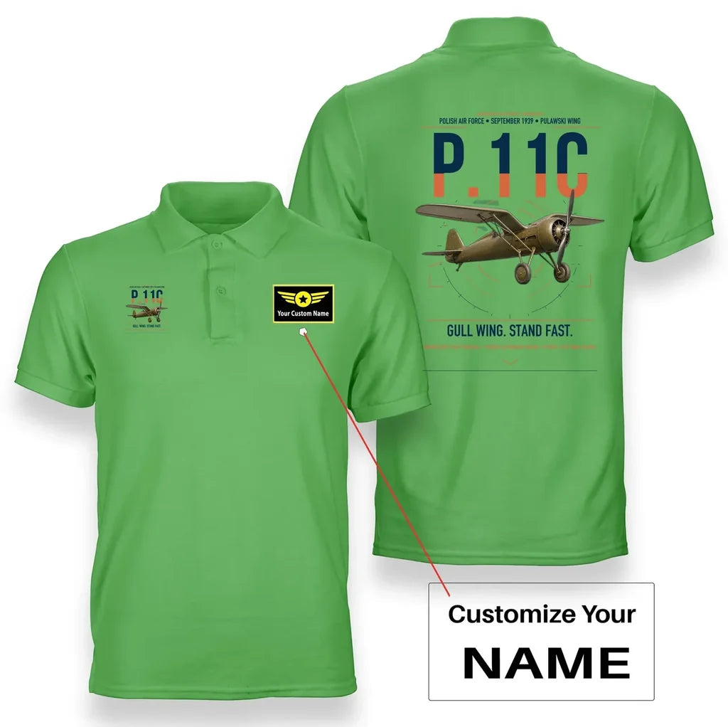 PZL P.11c design on light green+name double-side polo t-shirt, double-side print