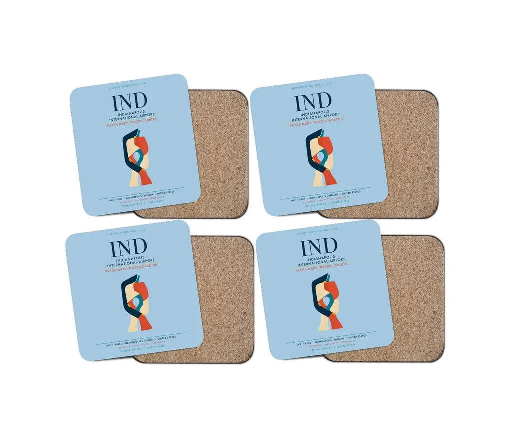 Indianapolis International Airport (IND) design on light blue 4 pieces set coaster