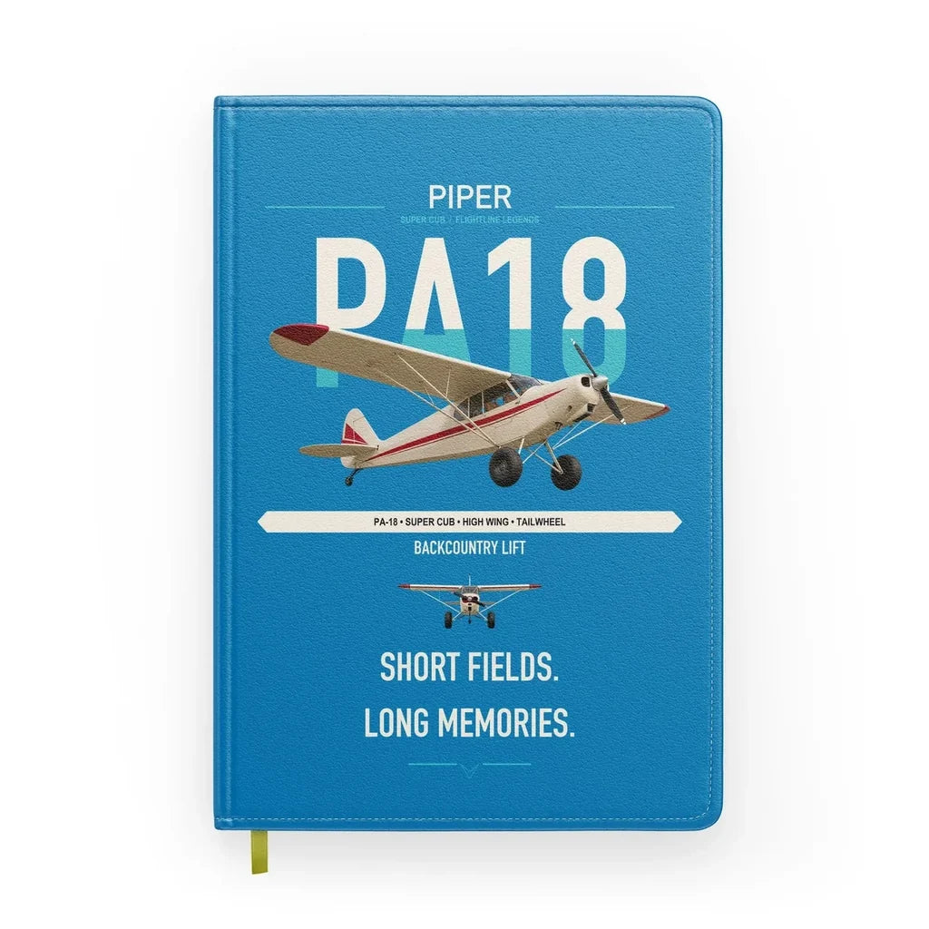 Piper PA-18 Super Cub design on turquoise notebook
