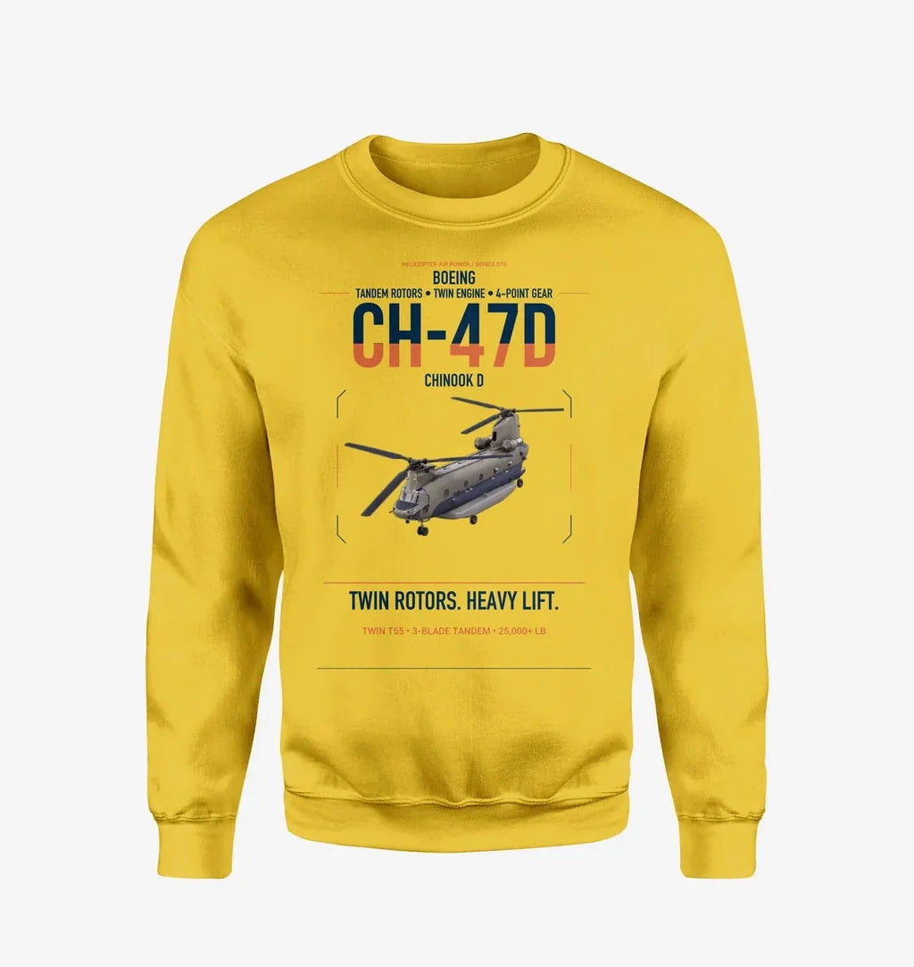 Boeing CH-47D design on yellow sweatshirt