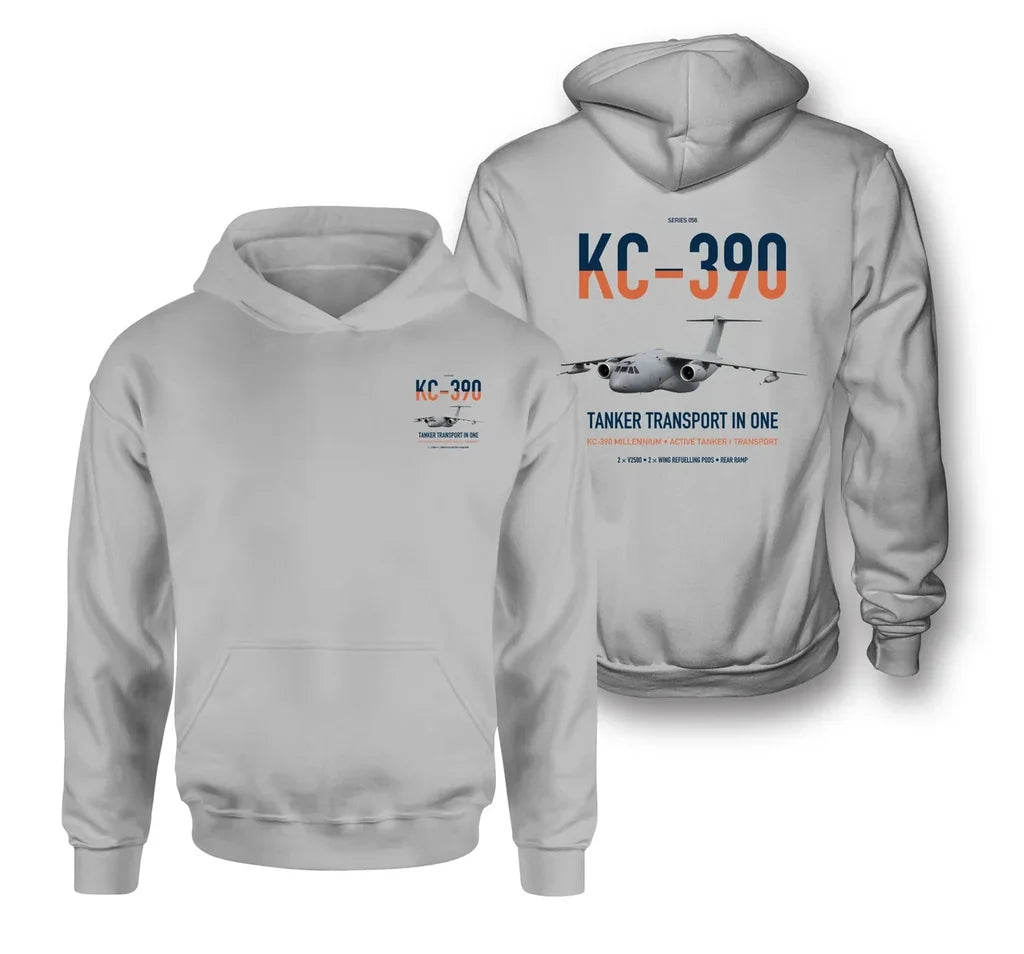 Embraer KC-390 Millennium design on light gray double-side hoodie, double-side print