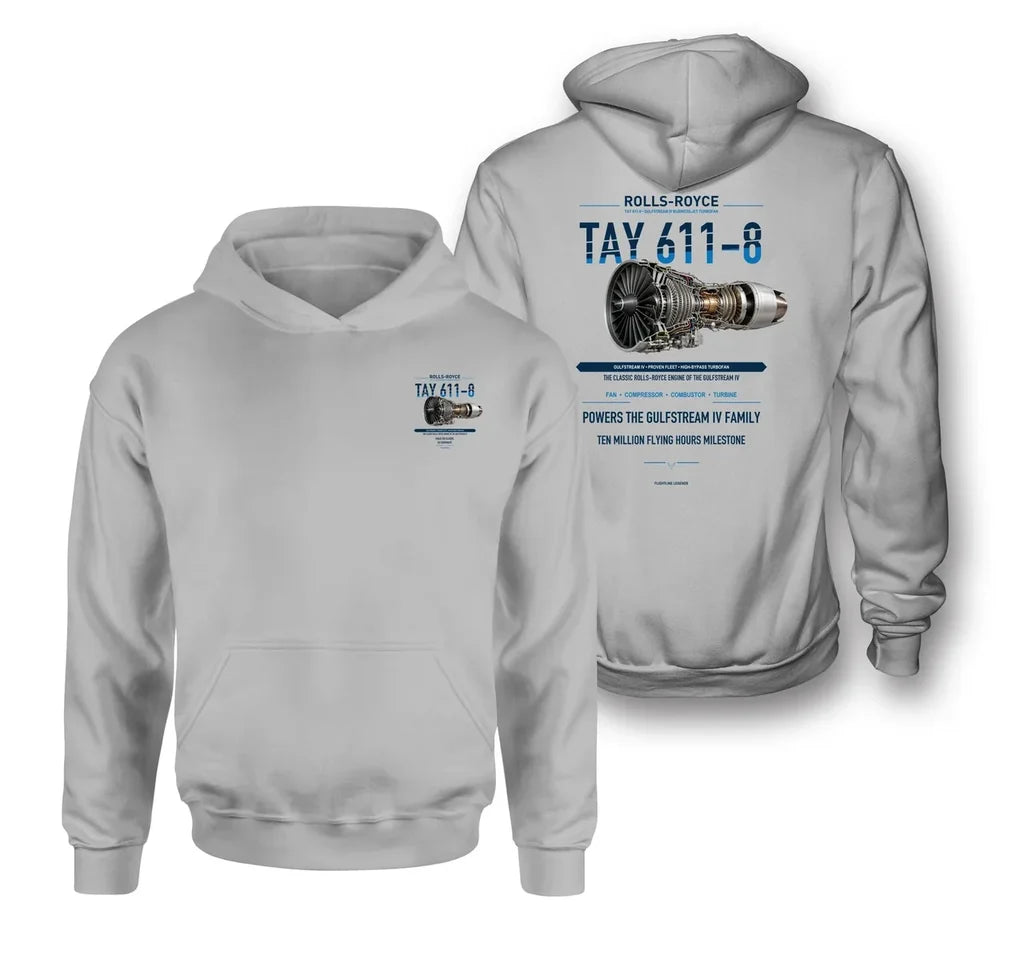 TAY 611-8 design on light gray hoodie