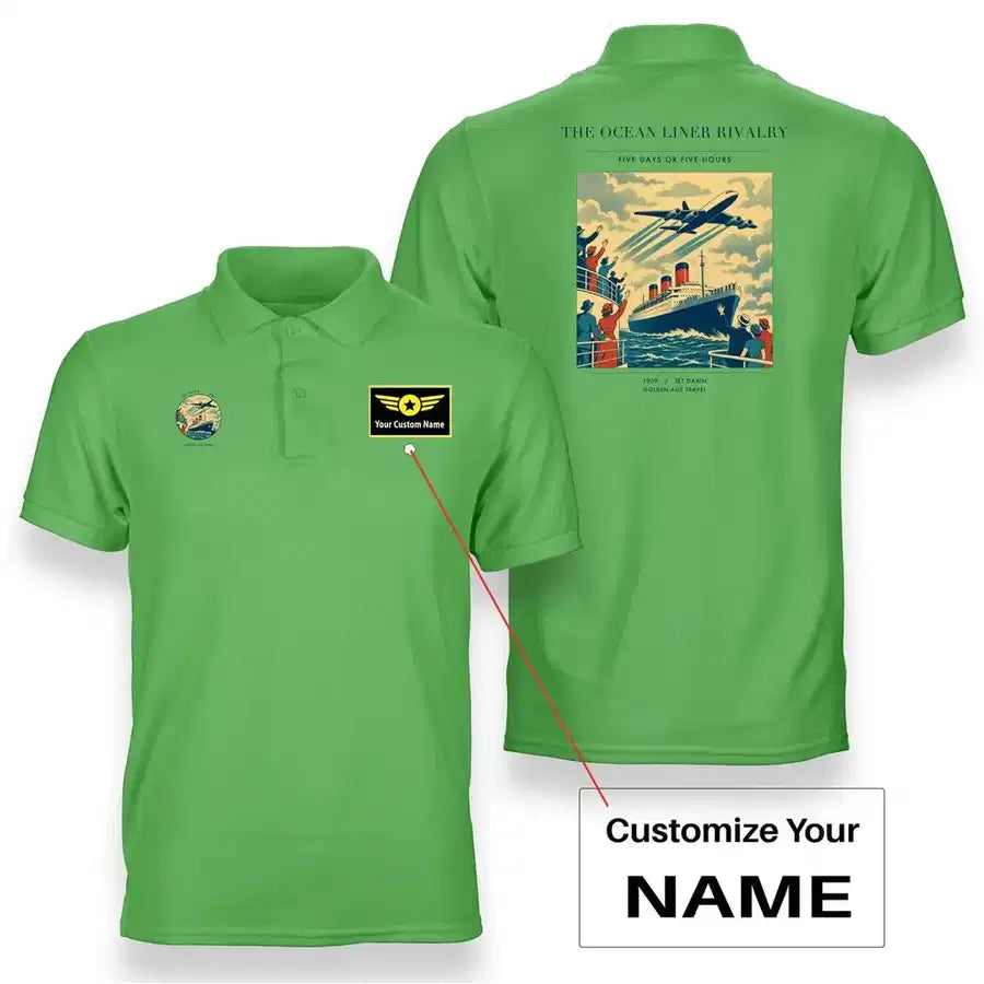 VINTAGE G4307 - The Ocean Liner Rivalry - Double-Side Polo T-Shirt design on lightgreen+name