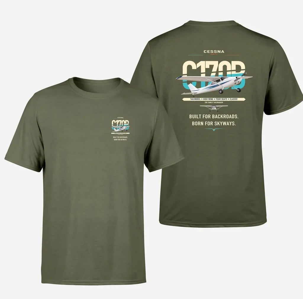 Cessna 170B design on green army t-shirt, double-side print