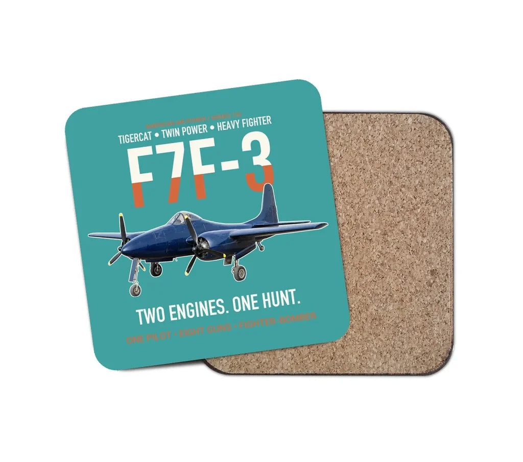 F7F-3 Tigercat Two Engines One Hunt design on turquoise 1 piece coaster
