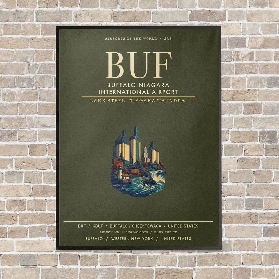 Buffalo Niagara International Airport BUF vertical canvas print - framed - green army background