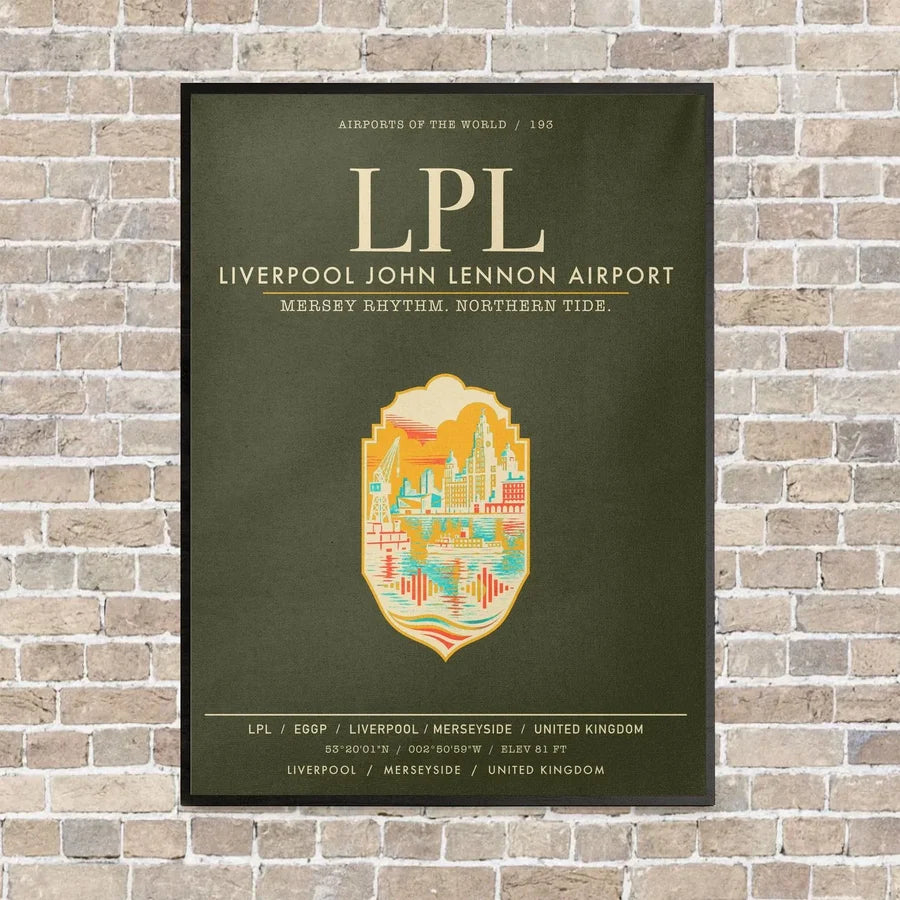 Liverpool John Lennon Airport LPL vertical canvas print - framed - green army background