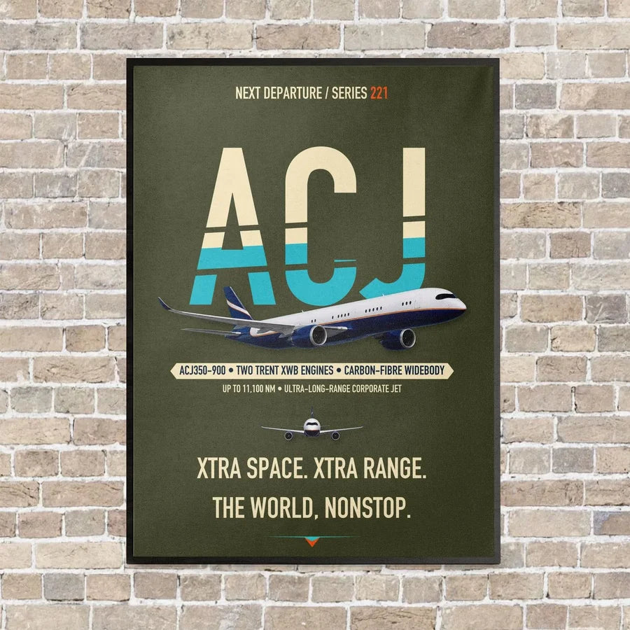 Airbus ACJ350 / exact ACJ350-900 vertical canvas print - framed - green army background
