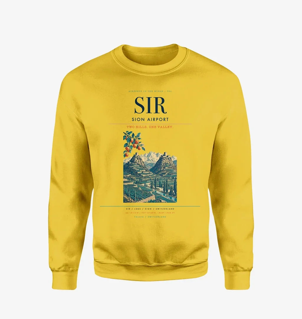Sion Airport (SIR) design on yellow sweatshirt