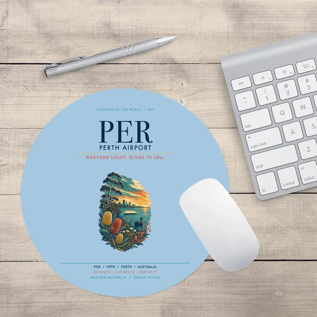 Perth Airport (PER) design on light blue round mouse pad