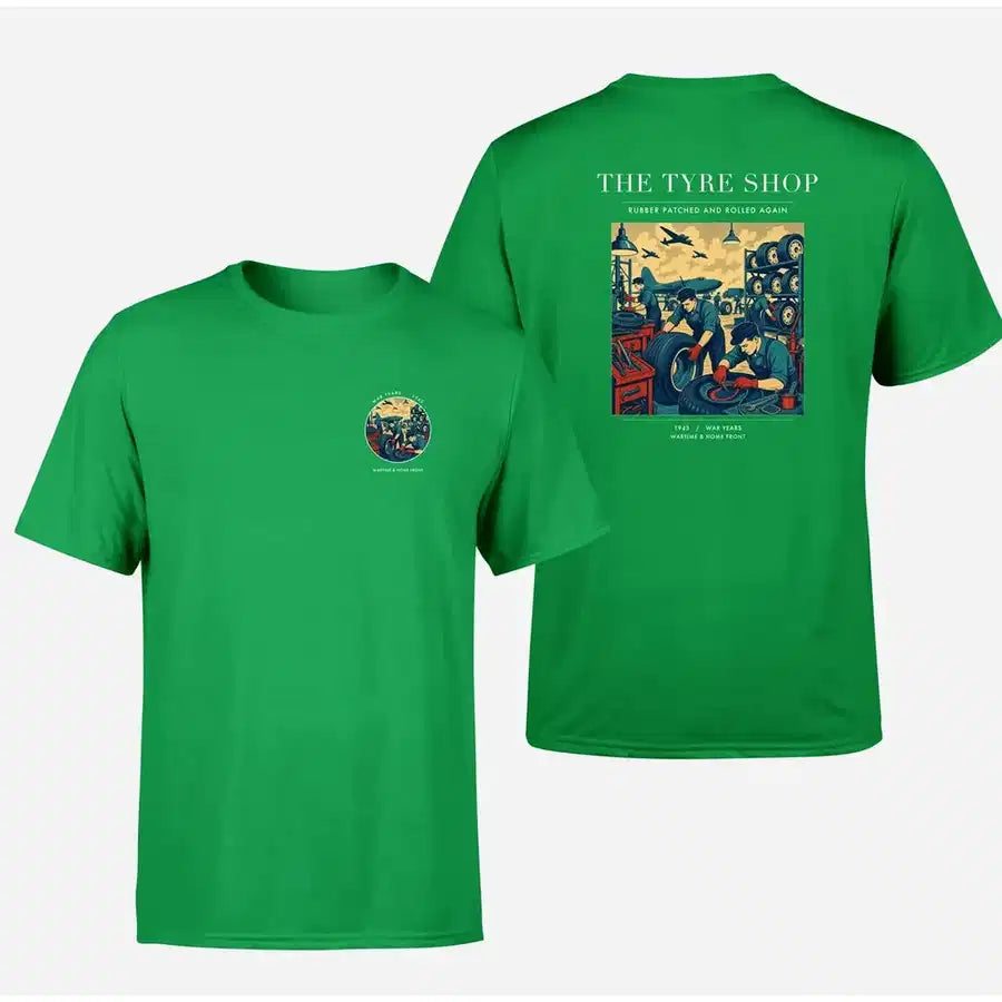VINTAGE G4535 - The Tyre Shop - Double-Side T-Shirt design on green double side t shirt