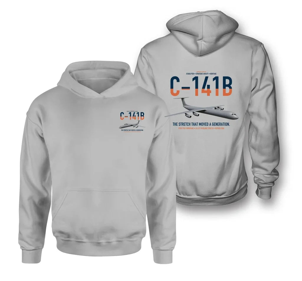 C-141B Starlifter design on light gray double-side hoodie, double-side print