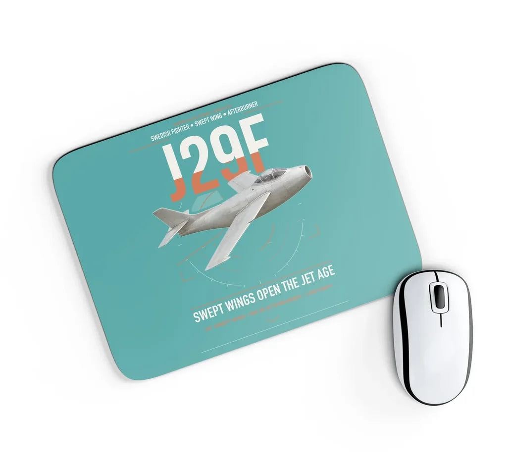 Saab J 29F Tunnan design on turquoise rectangle mouse pad