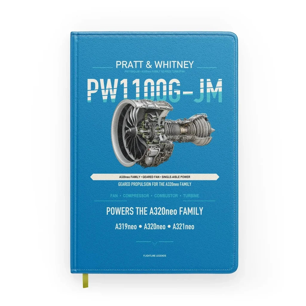 PW1100G-JM design on turquoise notebook
