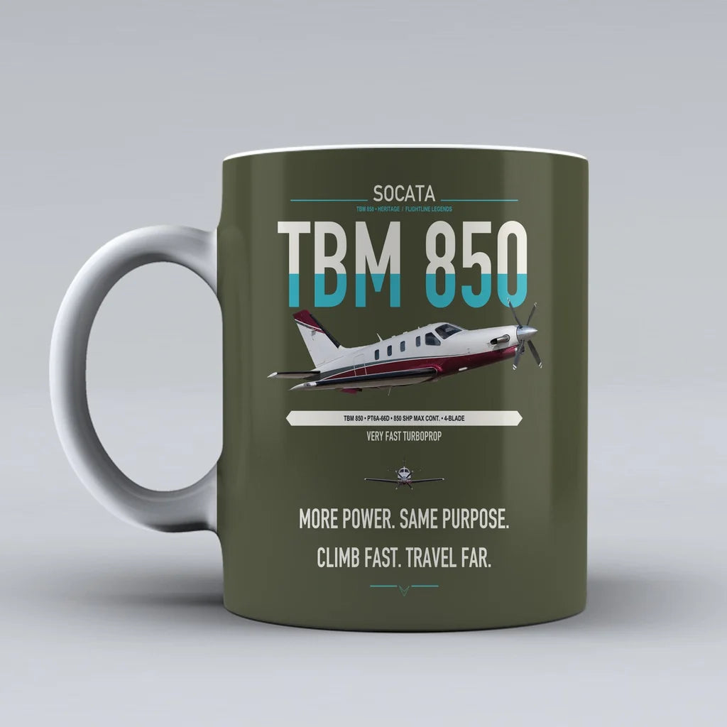 Socata TBM 850 design on green army ceramic mug, double-side print