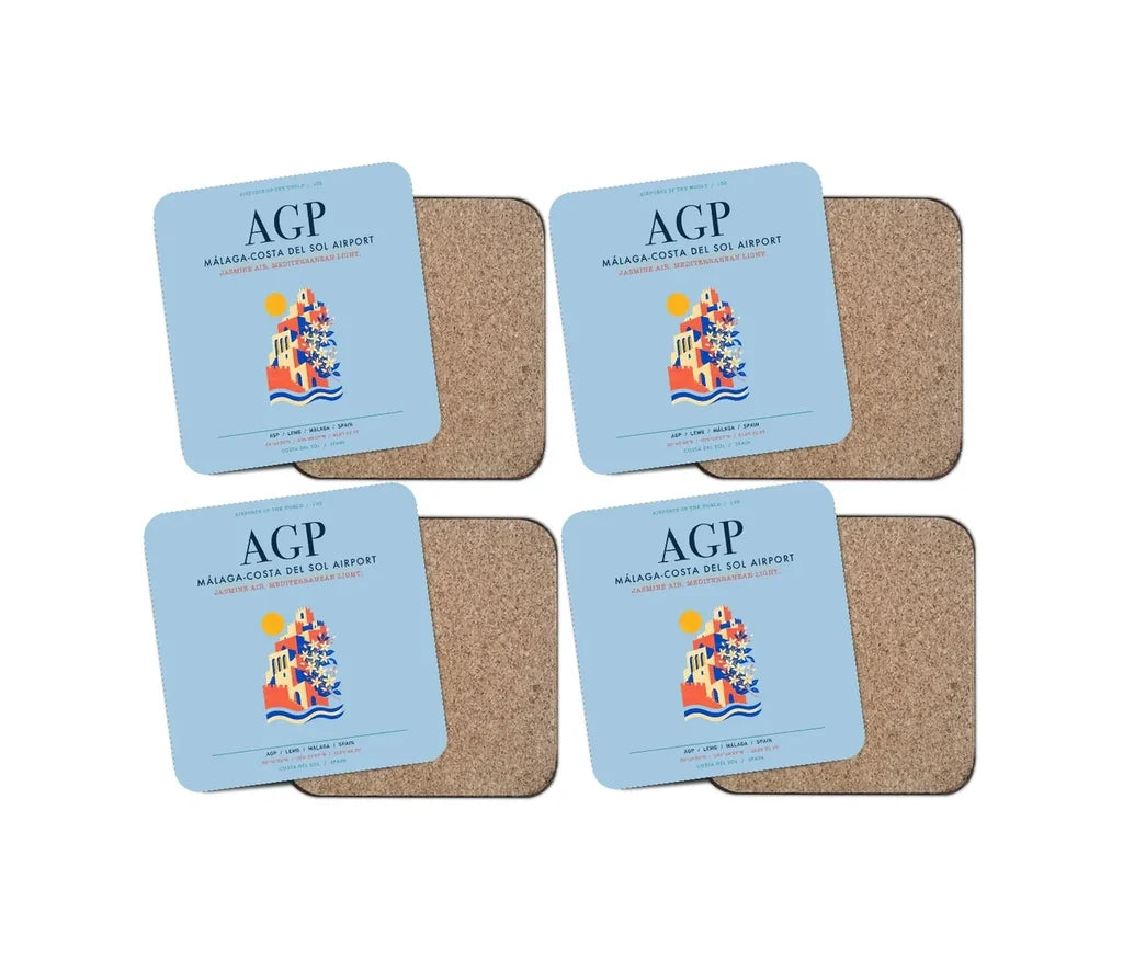 Malaga-Costa del Sol Airport (AGP) design on light blue 4 pieces set coaster