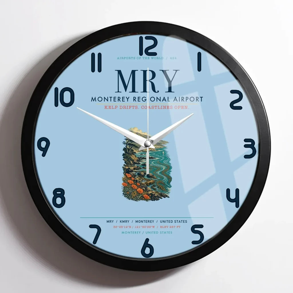 Monterey Regional Airport (MRY) design on light blue framed wall clock