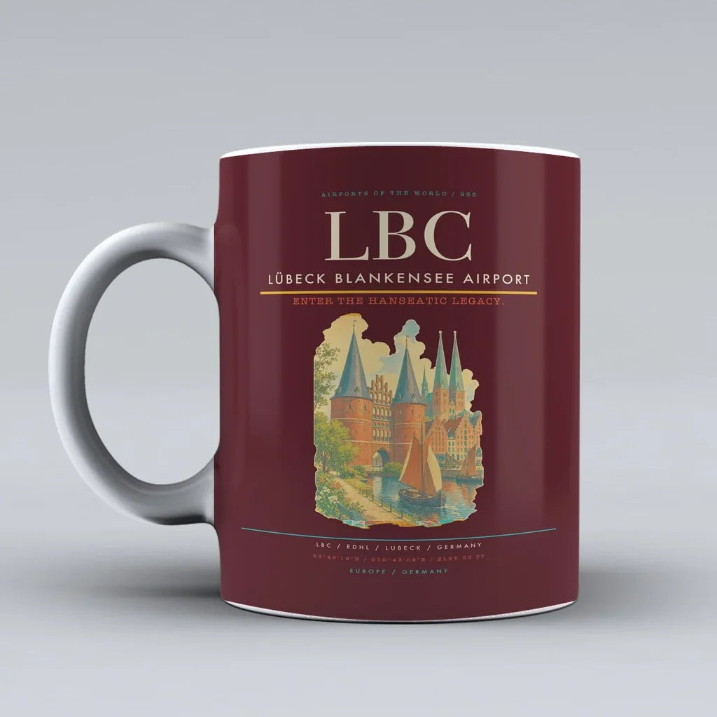 Lübeck Blankensee Airport (LBC) airport code design on dark red ceramic mug